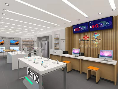 Reno Electronics Store Featuring 5G Smartphones Laptops Display Tables And Wooden Counters 3d model