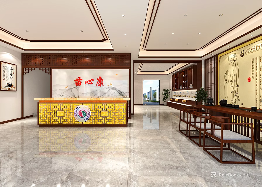 Traditional Chinese Lobby Interior Design With Wooden Reception Desk And Marble Floor Decorations 3d model 