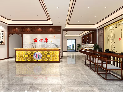 Traditional Chinese Lobby Interior Design With Wooden Reception Desk And Marble Floor Decorations 3d model