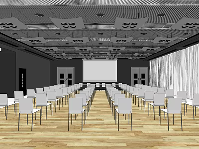 Spacious Conference Room With White Chairs Wooden Floor Projection Screen And Ceiling Grid 3d model