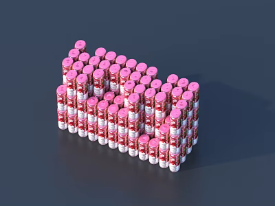 Red and White Drink Cans with Pink Caps Arranged in M Shape on Dark Background 3d model