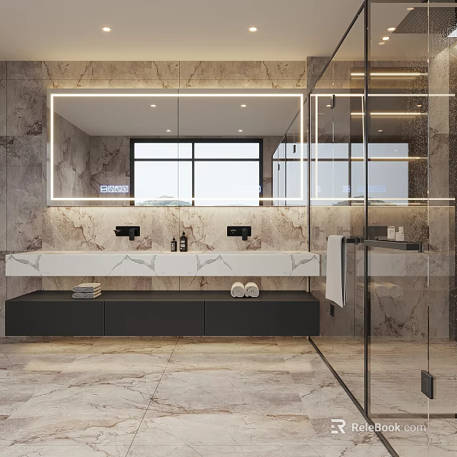 Modern Bathroom Interior Design Featuring Marble Walls Large Mirror Double Sinks And Glass Shower Enclosure 3d model 
