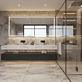Modern Bathroom Interior Design Featuring Marble Walls Large Mirror Double Sinks And Glass Shower Enclosure