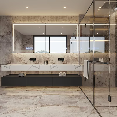 Modern Bathroom Interior Design Featuring Marble Walls Large Mirror Double Sinks And Glass Shower Enclosure 3d model