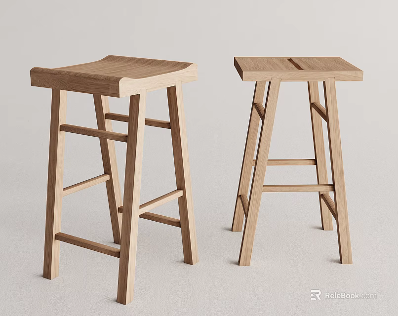 Two Simple Design Wooden Bar Stools With Solid Wood Frame And Natural Finish 3d model 