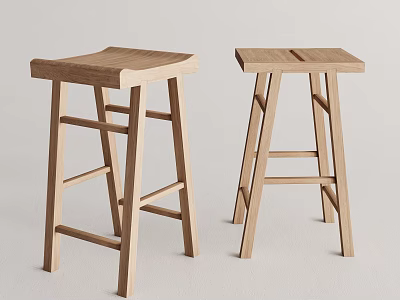 Two Simple Design Wooden Bar Stools With Solid Wood Frame And Natural Finish 3d model