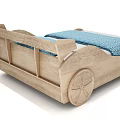Wooden Car Shaped Kids Bed With Wheel Design And Blue Bedding