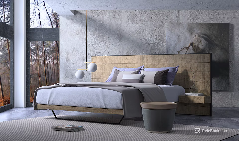 Modern Double Bed With Woven Headboard Multiple Pillows And Textured Gray Wall 3d model 