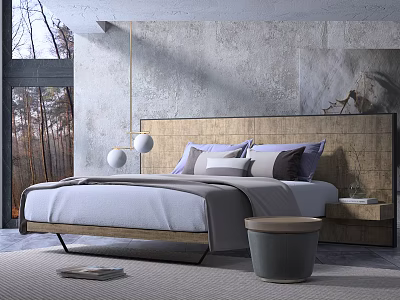 Modern Double Bed With Woven Headboard Multiple Pillows And Textured Gray Wall 3d model