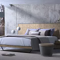 Modern Double Bed With Woven Headboard Multiple Pillows And Textured Gray Wall 3d model