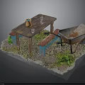 Outdoor Wooden Table With Clay Vase Glass Cups Red Bench And Rusty Wheelbarrow On Grass