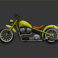Yellow Vintage Custom Motorcycle With Red Solo Seat Large Wheels Chrome Exhaust Pipes
