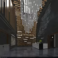 Modern Art Culture Exhibition Hall Interior With Wooden Wall And Pendant Lights Reception Area