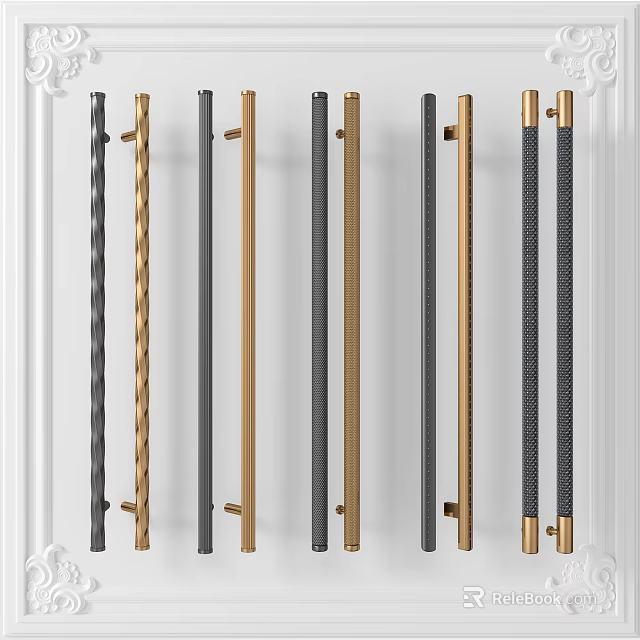 Various Modern Door Handles With Different Metal Textures And Color Finishes 3d model 