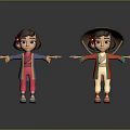 Two Cartoon Characters In Traditional Clothing With Red Blue Coats Flower Hairpin Bamboo Hat