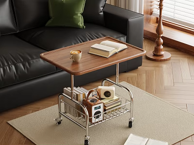 Wooden Top Coffee Table With Metal Frame Storage Shelf And Rolling Wheels By Black Leather Sofa 3d model