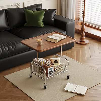 Wooden Top Coffee Table With Metal Frame Storage Shelf And Rolling Wheels By Black Leather Sofa 3d model