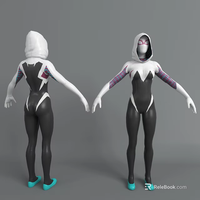 Hooded Black White Bodysuit Character With Colorful Arm Patterns And Back Design For Game Movie 3d model 