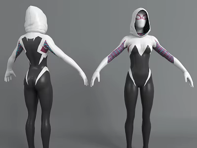 Hooded Black White Bodysuit Character With Colorful Arm Patterns And Back Design For Game Movie 3d model
