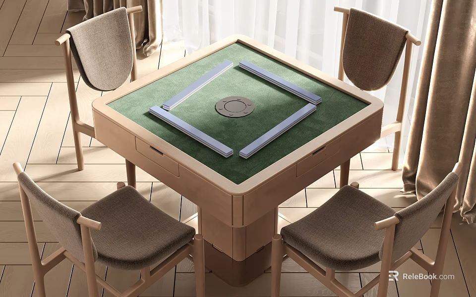 Entertainment Table With Green Tabletop Central Circular Part Wooden Frame And Four Chairs 3d model 