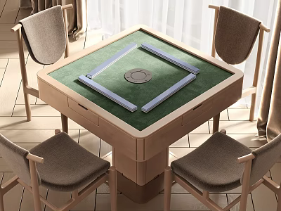 Entertainment Table With Green Tabletop Central Circular Part Wooden Frame And Four Chairs 3d model