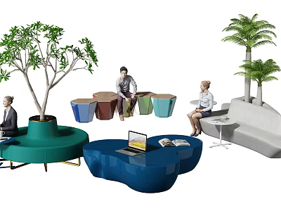 Contemporary Public Chairs With Colorful Design People Relaxing And Working Around Green Plants 3d model