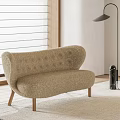 Two-Seater Sofa Beige Plush Tufted with Wooden Legs Floor Lamp Venetian Blinds and Rug