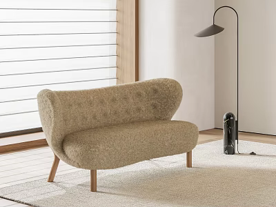 Two-Seater Sofa Beige Plush Tufted with Wooden Legs Floor Lamp Venetian Blinds and Rug 3d model