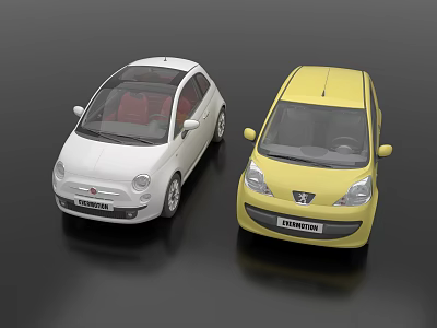 Two Small White And Yellow Mini Cars Displayed Side By Side On Black Background 3d model