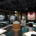 Elegant Restaurant Interior With Wooden Ceiling Green Plant Decor And Colorful Furniture
