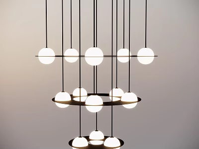 Modern Contemporary Chandelier With Multiple White Spherical Bulbs And Black Metal Frame In Layered Design 3d model