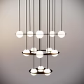 Modern Contemporary Chandelier With Multiple White Spherical Bulbs And Black Metal Frame In Layered Design