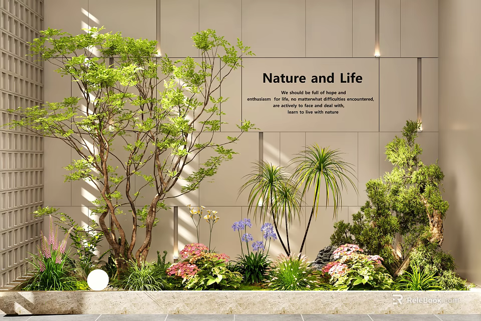 Lush Indoor Landscape With Green Trees Palms Flowers And Nature And Life Wall 3d model 