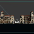 Classical Commercial Complex With Red Roofs Towers Beige Facade And Waterfront Reflection On Blue Sky