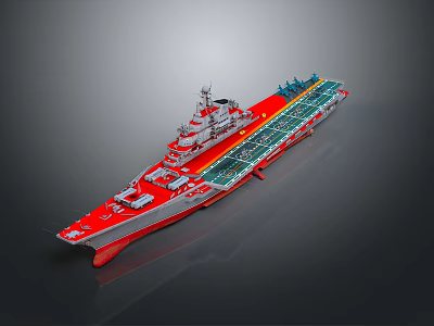 Red Aircraft Carrier Model With Green Deck White Superstructure And Equipment 3d model