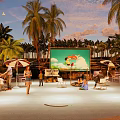 Beachside Campsite Featuring Palm Trees Pink Ice Cream Truck Umbrellas Chairs And Screen
