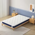 Double Bed With White Blue Mattress Wooden Frame Bedside Tables Blue Striped Wall Abstract Painting