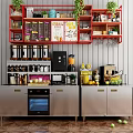 Functional Table with Coffee Machine Juicer Red Shelves Plants Fresh Fruits