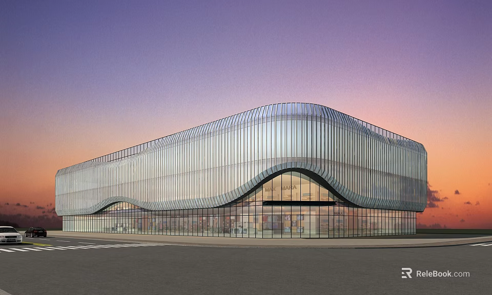 Modern Commercial Complex Featuring Curved Glass Facade And Sunset Sky Background 3d model