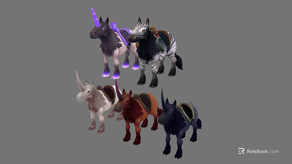 Mythical Fantasy Mounts Collection With Unicorn Zebra Striped And Colored Saddled Designs 3d model 