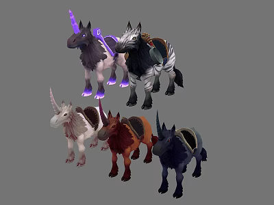 Mythical Fantasy Mounts Collection With Unicorn Zebra Striped And Colored Saddled Designs 3d model