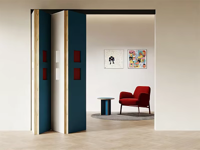 Open Folding Door In Modern Interior With Red Chair Small Round Table And Wall Art 3d model