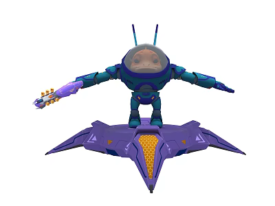 Smart Robot With Transparent Cabin And Blue Mechanical Arm On Purple Yellow Flying Platform 3d model