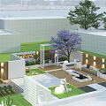 Modern Garden Landscape With White Bear Sculptures Green Lawn Purple Tree And Illuminated Sphere