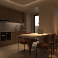 Warm Kitchen and Dining Area Interior With Wooden Cabinets Island Counter and Brown Chairs