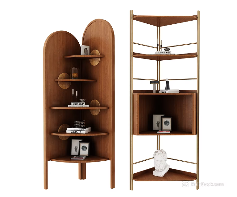 Wooden Shelving Units with Metal Frame Curved Triangular Design for Decorative Items and Books 3d model 