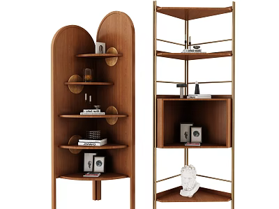 Wooden Shelving Units with Metal Frame Curved Triangular Design for Decorative Items and Books 3d model