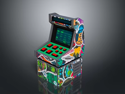 Colorful Graffiti Arcade Machine Design With Green Screen And Red Buttons 3d model