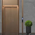 Elegant Modern Elevator Lobby With Bronze Door Geometric Pattern Gray Stone Wall And Green Plant
