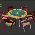 Round Wooden Poker Table With Six Chairs Featuring Poker Chips And Playing Cards